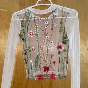 White Mesh Floral Embroidered Top
